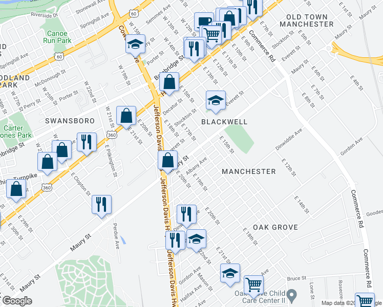 map of restaurants, bars, coffee shops, grocery stores, and more near 401 East 18th Street in Richmond