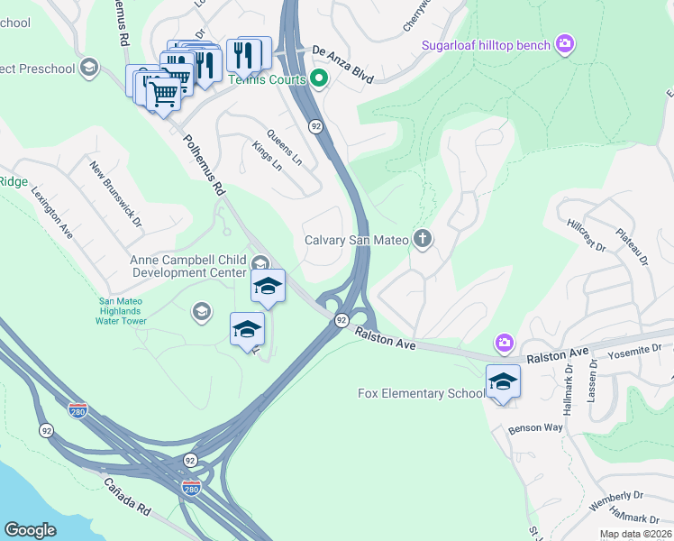 map of restaurants, bars, coffee shops, grocery stores, and more near 117 Lakewood Circle in San Mateo