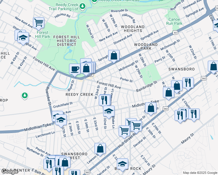 map of restaurants, bars, coffee shops, grocery stores, and more near 3154 Forest Hill Avenue in Richmond