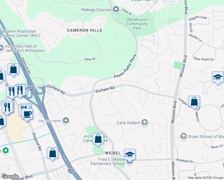 map of restaurants, bars, coffee shops, grocery stores, and more near Tumbleweed Court in Fremont