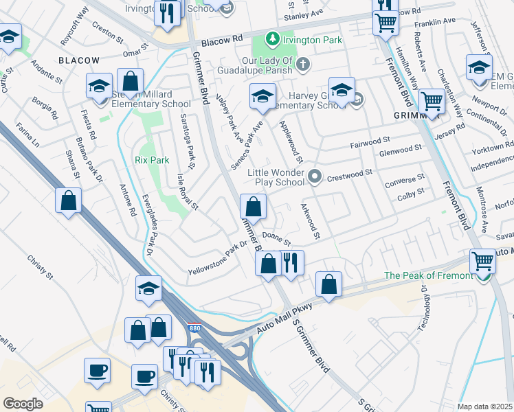 map of restaurants, bars, coffee shops, grocery stores, and more near 4652 Flamingo Park Court in Fremont