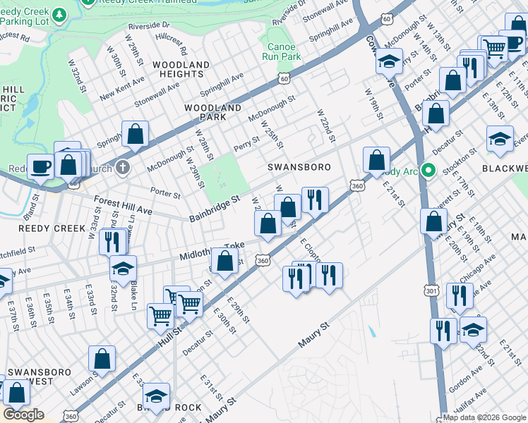 map of restaurants, bars, coffee shops, grocery stores, and more near 67 West 27th Street in Richmond