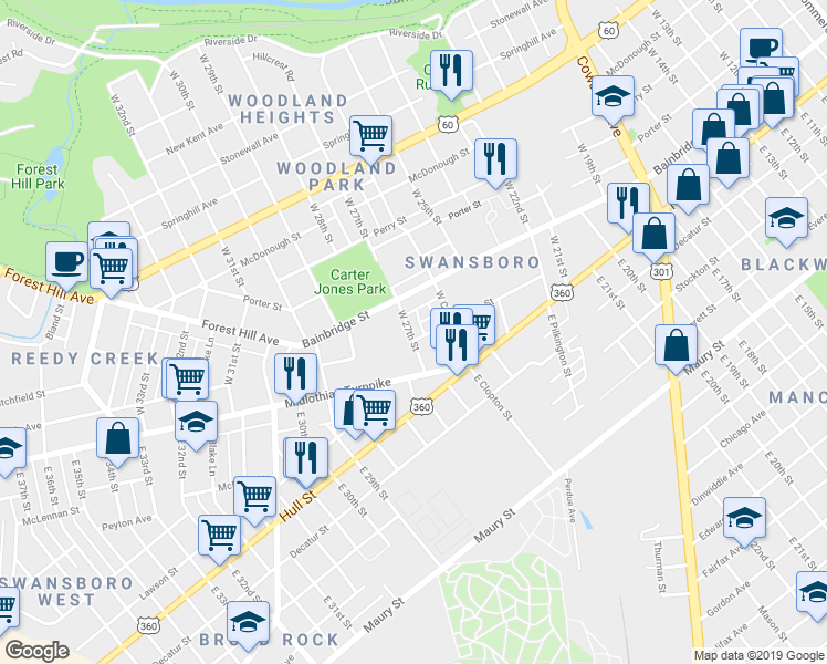 map of restaurants, bars, coffee shops, grocery stores, and more near 67 West 27th Street in Richmond