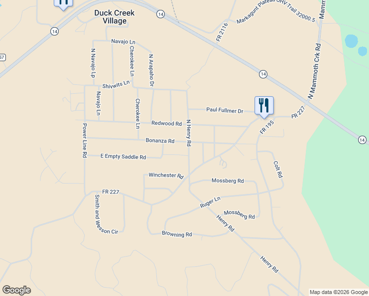 map of restaurants, bars, coffee shops, grocery stores, and more near 1155 Bonanza Road in Duck Creek Village