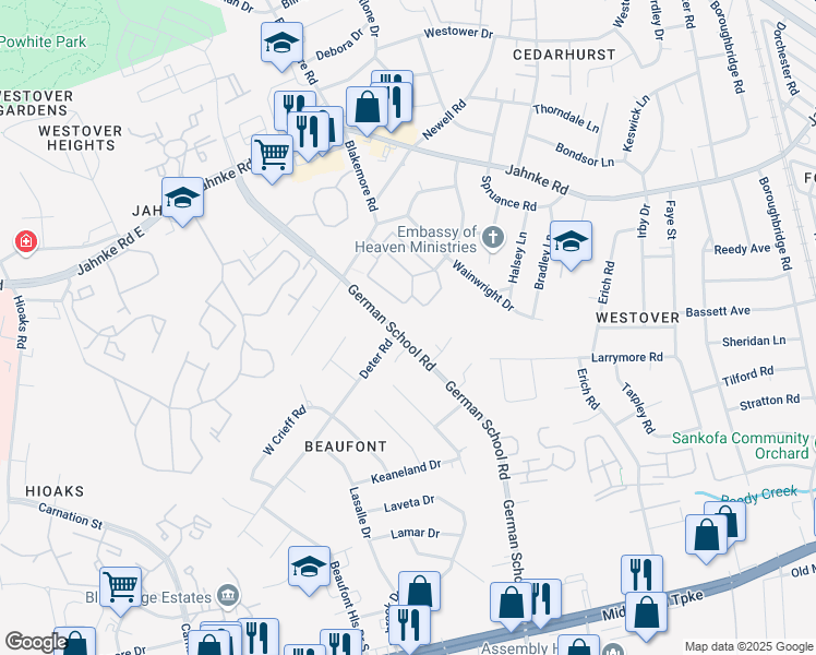 map of restaurants, bars, coffee shops, grocery stores, and more near 807 German School Road in Richmond