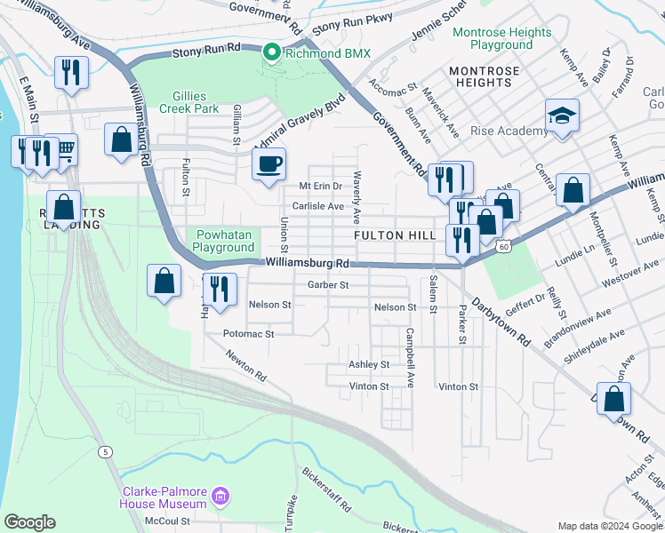 map of restaurants, bars, coffee shops, grocery stores, and more near 5101 Arcadia Street in Richmond