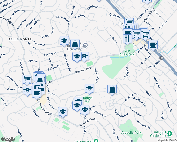 map of restaurants, bars, coffee shops, grocery stores, and more near 1507 Ralston Avenue in Belmont