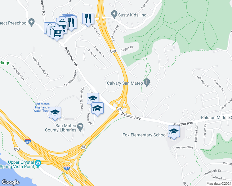 map of restaurants, bars, coffee shops, grocery stores, and more near 117 Lakewood Circle in San Mateo