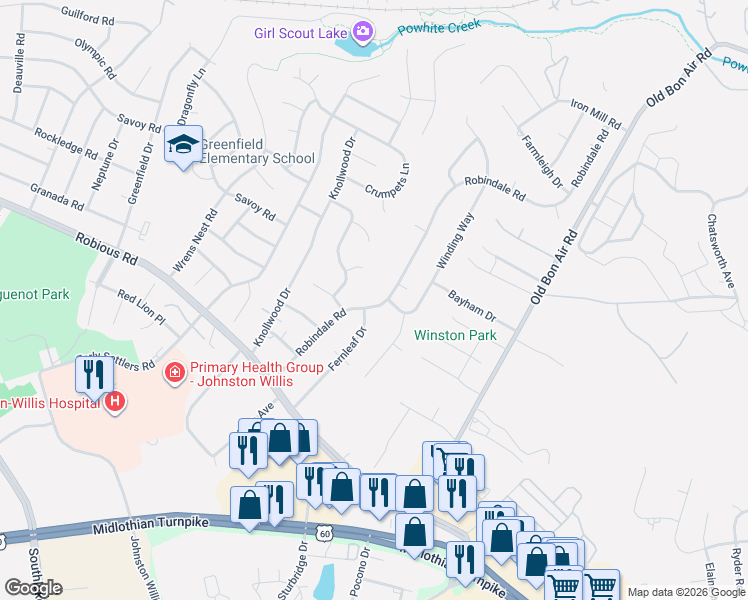 map of restaurants, bars, coffee shops, grocery stores, and more near 1506 Robindale Road in Richmond