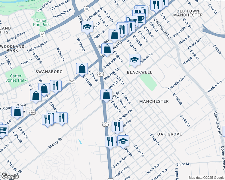 map of restaurants, bars, coffee shops, grocery stores, and more near 310 East 19th Street in Richmond