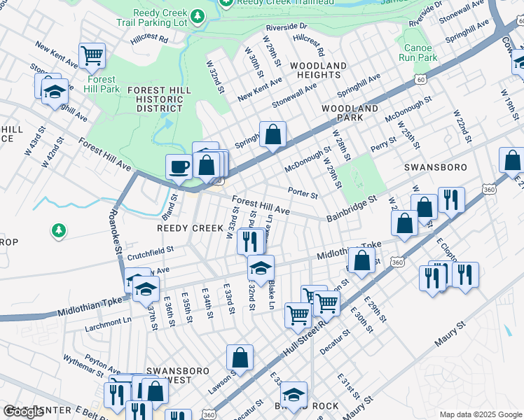 map of restaurants, bars, coffee shops, grocery stores, and more near 3154 Forest Hill Avenue in Richmond
