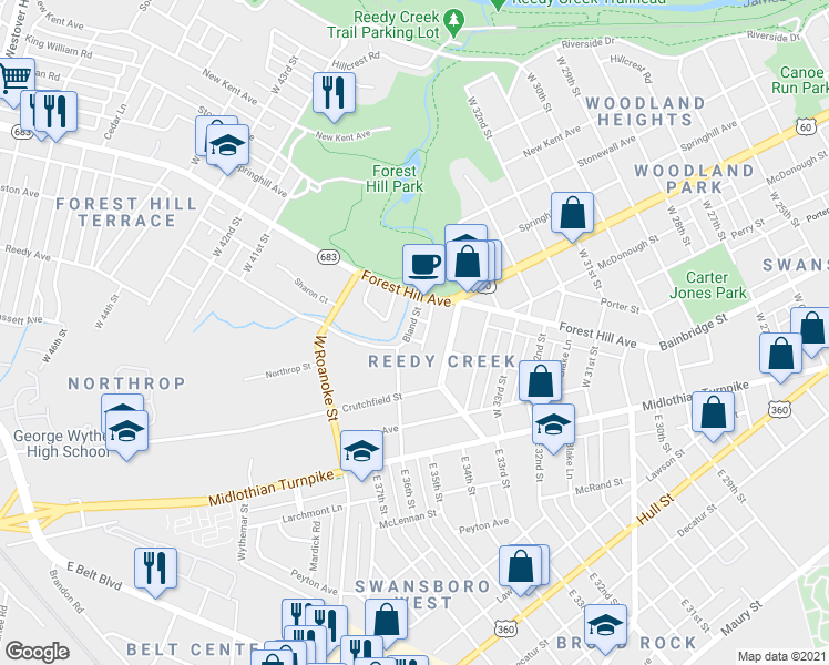 map of restaurants, bars, coffee shops, grocery stores, and more near 303 Bland Street in Richmond