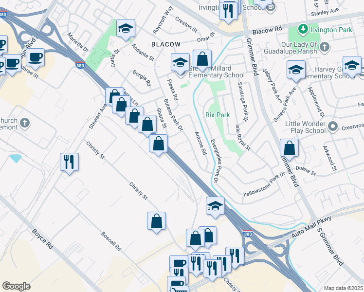 map of restaurants, bars, coffee shops, grocery stores, and more near 5673 Turban Court in Fremont