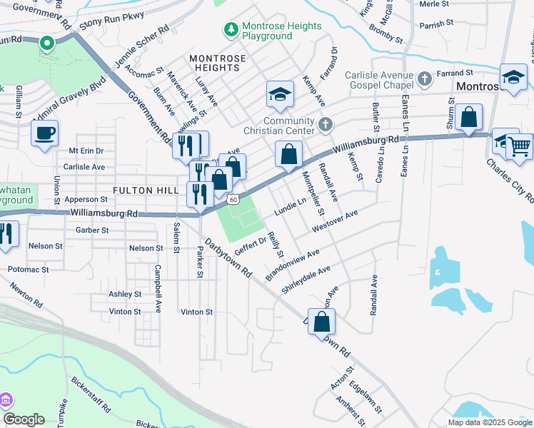 map of restaurants, bars, coffee shops, grocery stores, and more near 5109 Reilly Street in Richmond