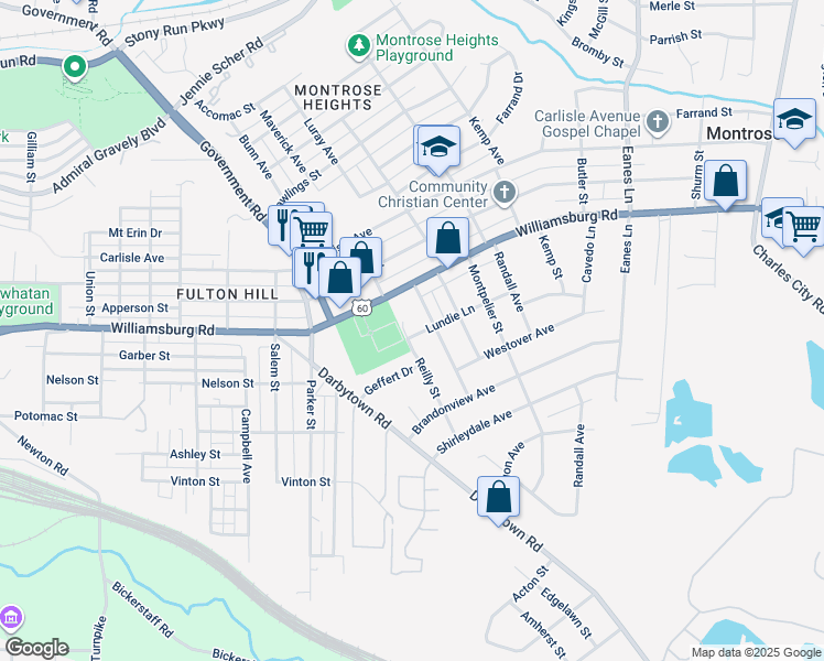 map of restaurants, bars, coffee shops, grocery stores, and more near 5109 Reilly Street in Richmond