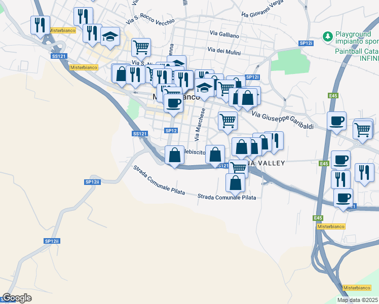 map of restaurants, bars, coffee shops, grocery stores, and more near 101 Via dei Mille in Misterbianco