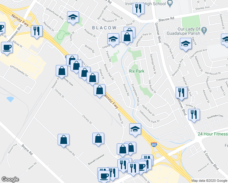 map of restaurants, bars, coffee shops, grocery stores, and more near 5673 Turban Court in Fremont