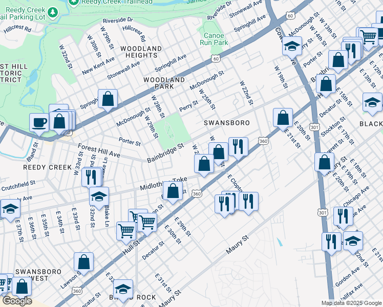 map of restaurants, bars, coffee shops, grocery stores, and more near 67 West 27th Street in Richmond