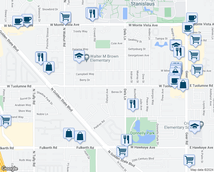 map of restaurants, bars, coffee shops, grocery stores, and more near 1041 West Tuolumne Road in Turlock