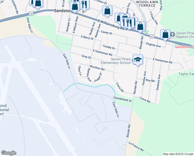 map of restaurants, bars, coffee shops, grocery stores, and more near 407 Huger Drive in Sandston