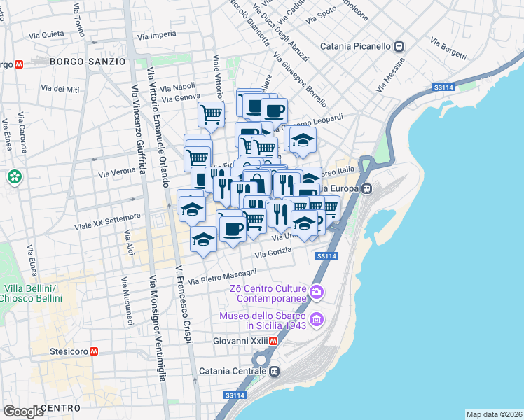 map of restaurants, bars, coffee shops, grocery stores, and more near 131 Via Vecchia Ognina in Catania