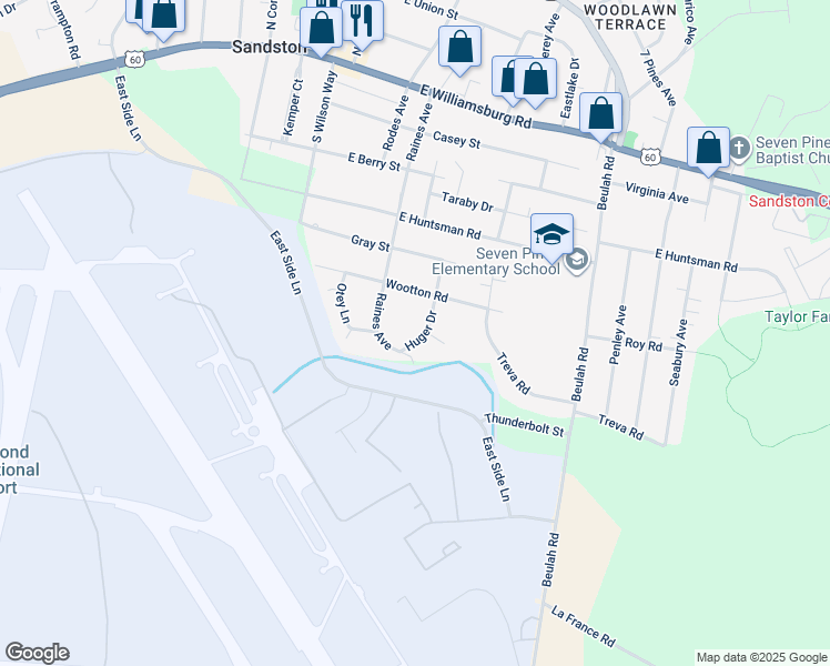 map of restaurants, bars, coffee shops, grocery stores, and more near 407 Huger Drive in Sandston