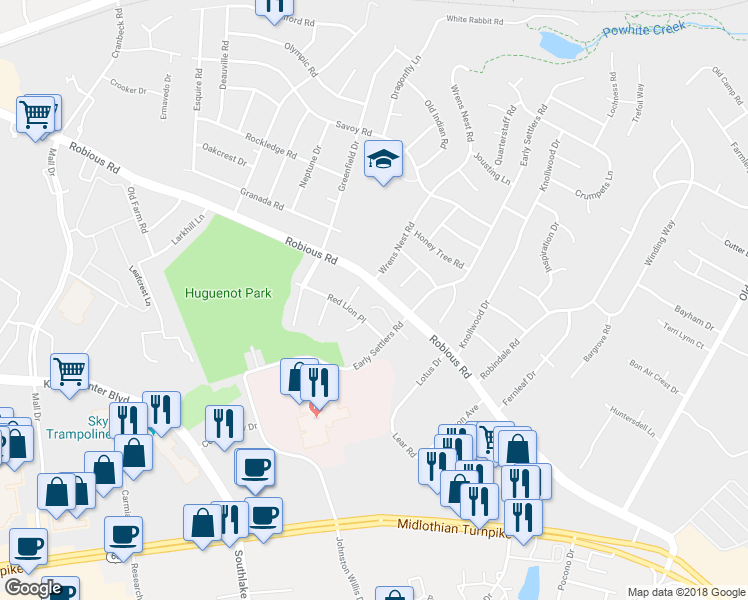 map of restaurants, bars, coffee shops, grocery stores, and more near 1740 Early Settlers Road in Richmond