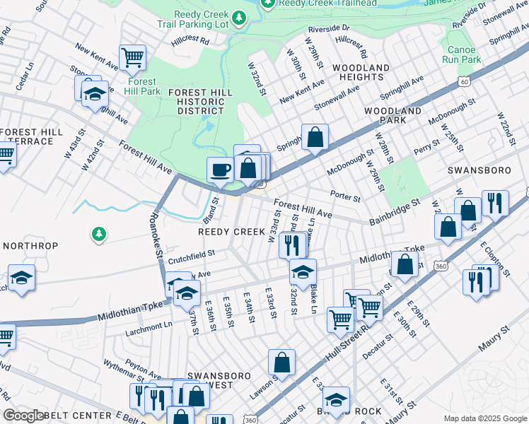 map of restaurants, bars, coffee shops, grocery stores, and more near 223 West 34th Street in Richmond