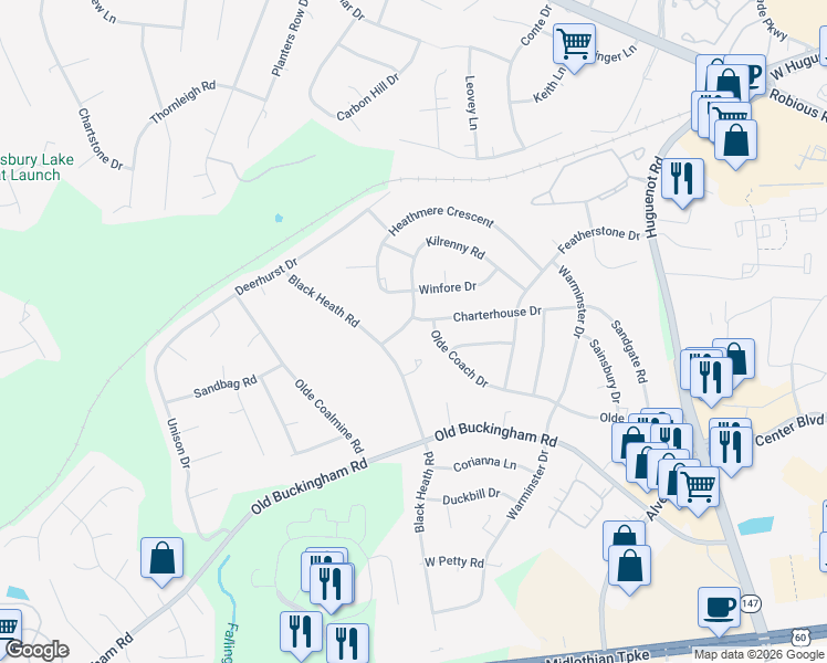 map of restaurants, bars, coffee shops, grocery stores, and more near 11910 Charterhouse Drive in Midlothian