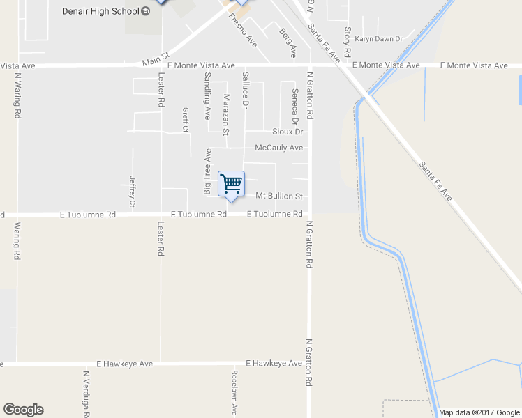 map of restaurants, bars, coffee shops, grocery stores, and more near 4505 East Tuolumne Road in Denair