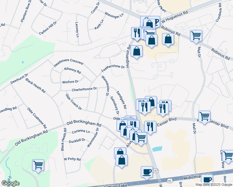 map of restaurants, bars, coffee shops, grocery stores, and more near 1632 Sandgate Road in Midlothian
