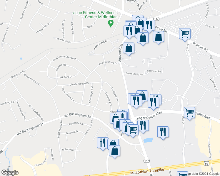 map of restaurants, bars, coffee shops, grocery stores, and more near 1632 Sandgate Road in Midlothian