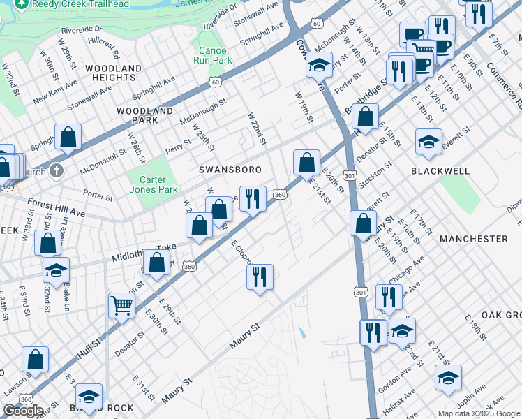 map of restaurants, bars, coffee shops, grocery stores, and more near Hull Street in Richmond