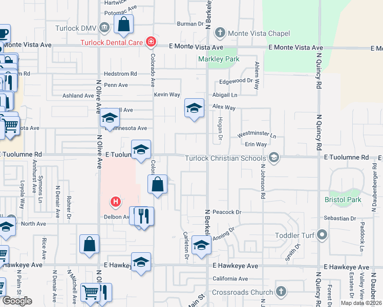 map of restaurants, bars, coffee shops, grocery stores, and more near 1413 East Tuolumne Road in Turlock