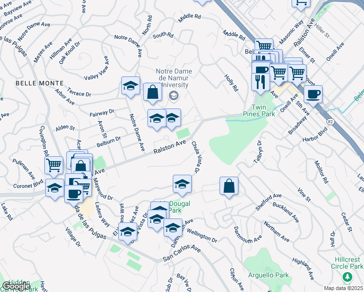 map of restaurants, bars, coffee shops, grocery stores, and more near 1507 Ralston Avenue in Belmont