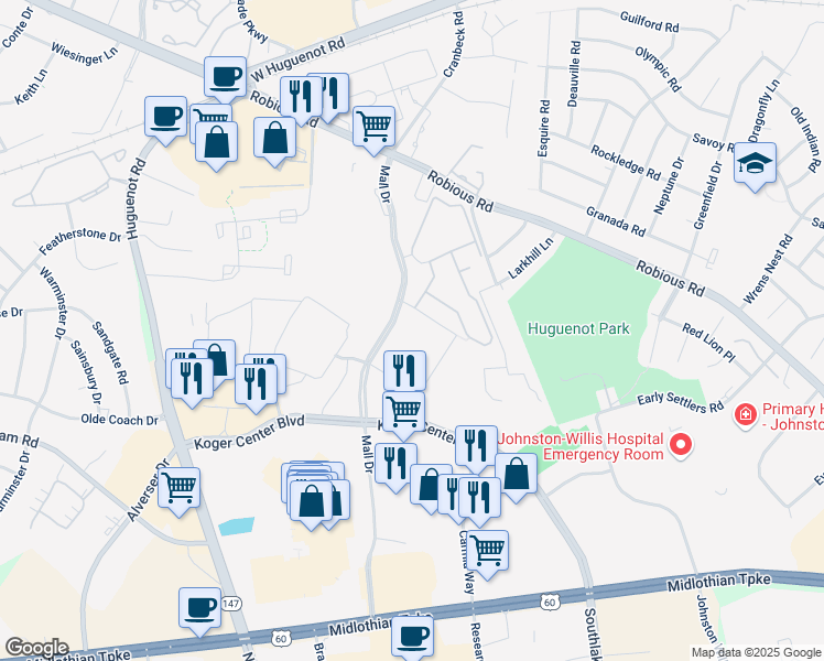 map of restaurants, bars, coffee shops, grocery stores, and more near 1401 Mall Drive in Bon Air