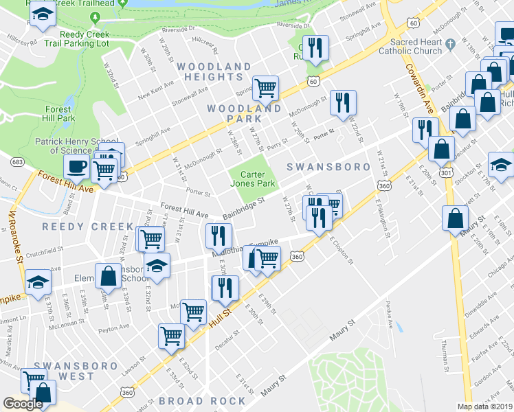 map of restaurants, bars, coffee shops, grocery stores, and more near 2724 Bainbridge Street in Richmond