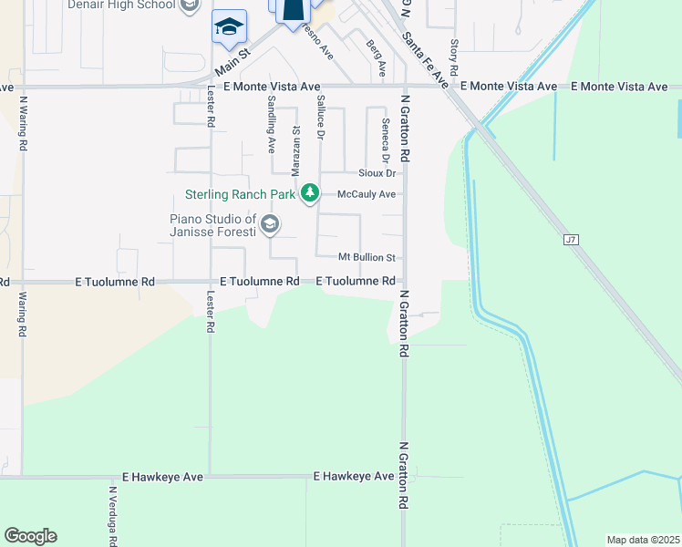 map of restaurants, bars, coffee shops, grocery stores, and more near 4505 East Tuolumne Road in Denair