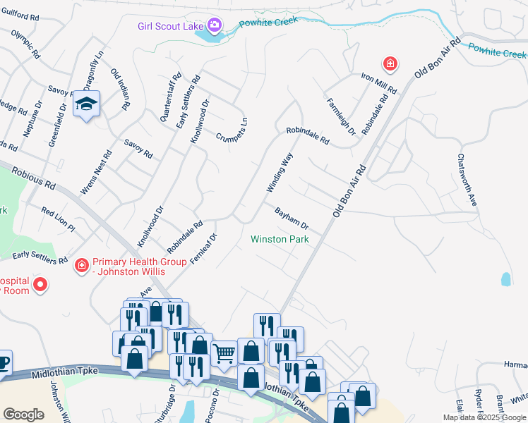 map of restaurants, bars, coffee shops, grocery stores, and more near 1531 Winding Way in Richmond