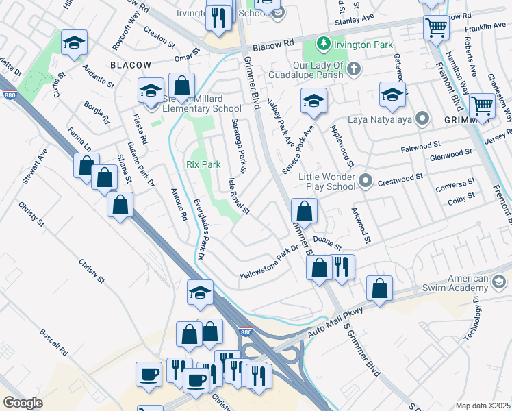 map of restaurants, bars, coffee shops, grocery stores, and more near 4874 Seneca Park Avenue in Fremont