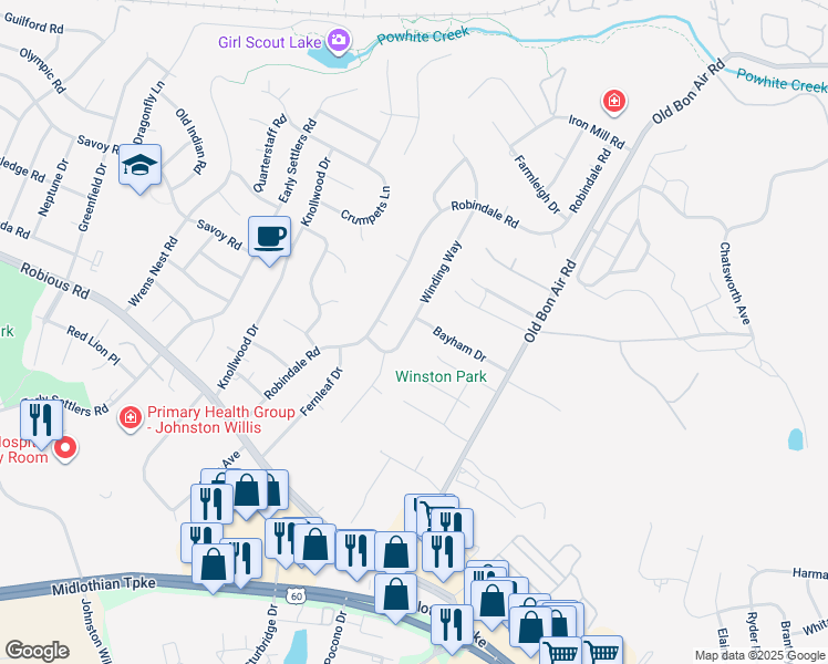 map of restaurants, bars, coffee shops, grocery stores, and more near 1531 Winding Way in Richmond