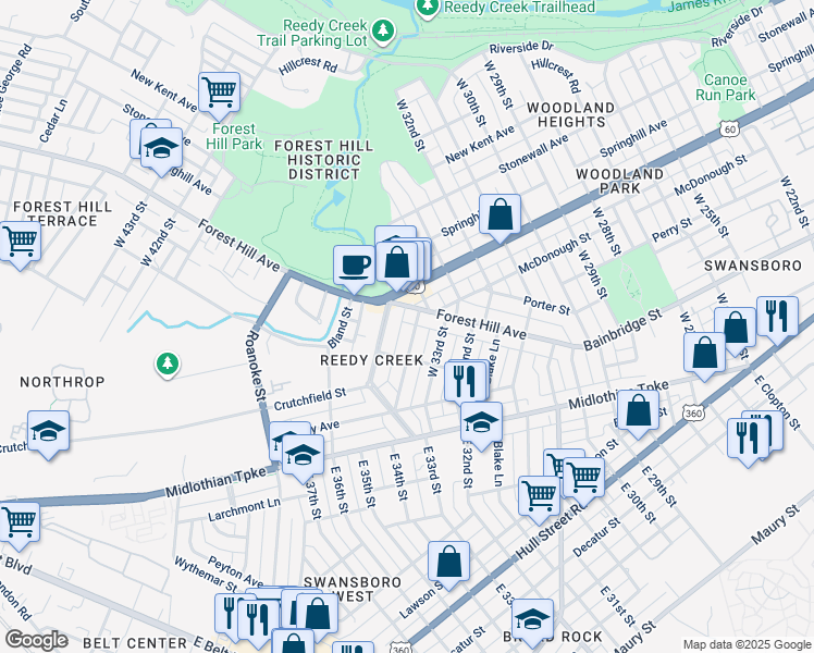 map of restaurants, bars, coffee shops, grocery stores, and more near 214 West 34th Street in Richmond