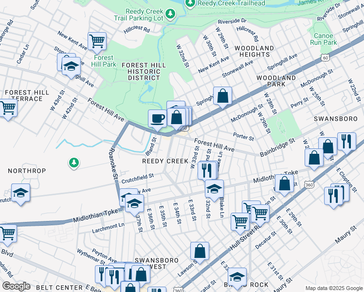 map of restaurants, bars, coffee shops, grocery stores, and more near 214 West 34th Street in Richmond