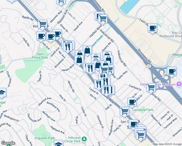 map of restaurants, bars, coffee shops, grocery stores, and more near 221 Old County Road in San Carlos