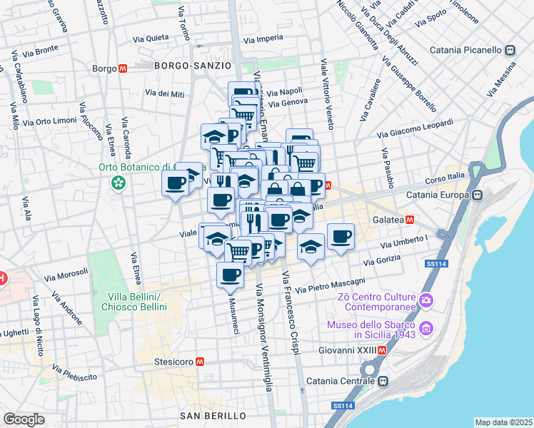 map of restaurants, bars, coffee shops, grocery stores, and more near 243 Corso Italia in Catania