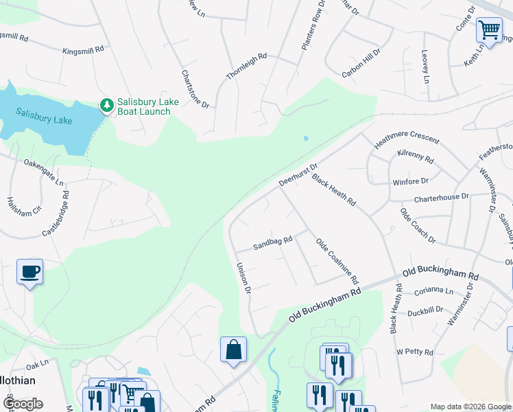 map of restaurants, bars, coffee shops, grocery stores, and more near 12318 Deerhurst Drive in Midlothian
