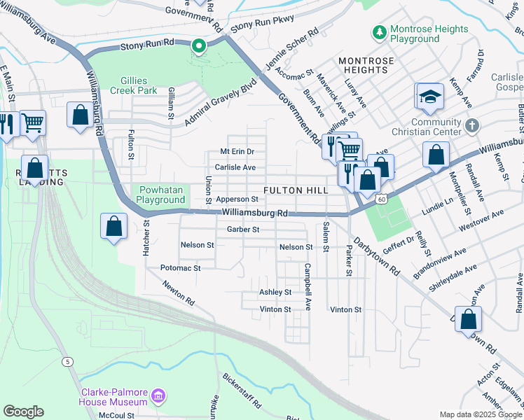 map of restaurants, bars, coffee shops, grocery stores, and more near 1312 Williamsburg Road in Richmond