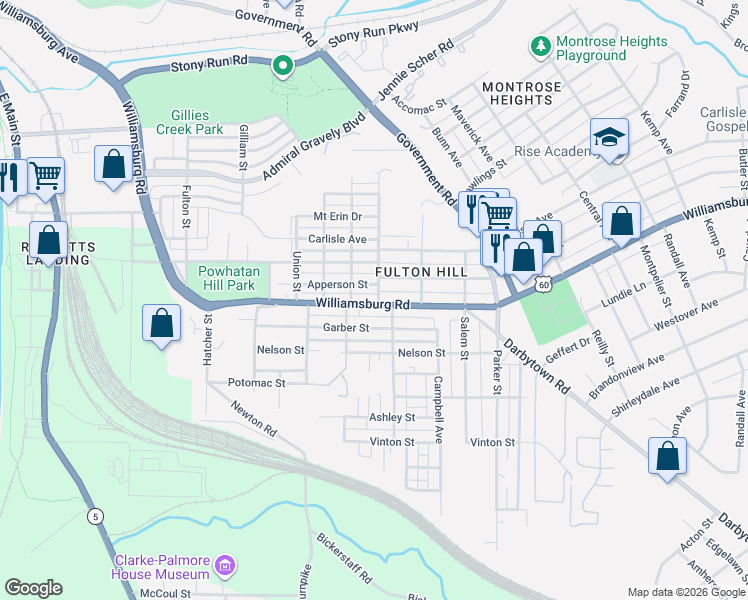 map of restaurants, bars, coffee shops, grocery stores, and more near 1402 Williamsburg Road in Richmond