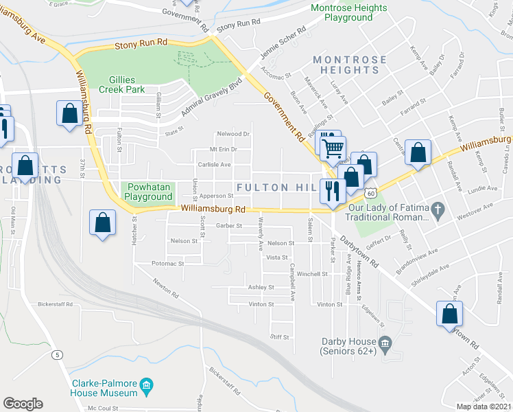map of restaurants, bars, coffee shops, grocery stores, and more near 1402 Williamsburg Road in Richmond