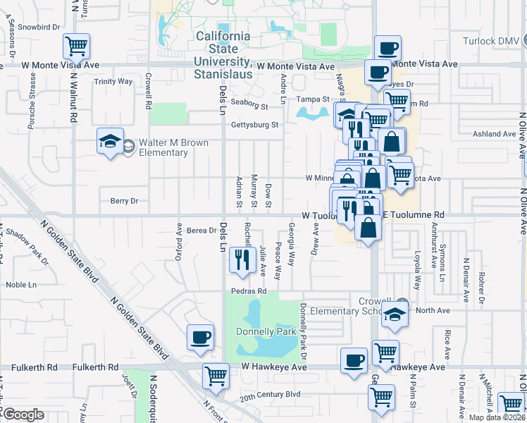 map of restaurants, bars, coffee shops, grocery stores, and more near 2404 Dow Street in Turlock